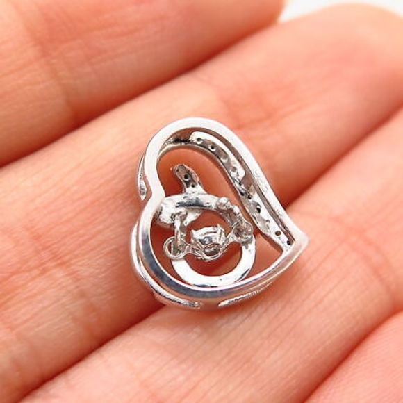 925 Sterling Silver Dancing C Z Heart Design Slide Pendant - Picture 2 of 5